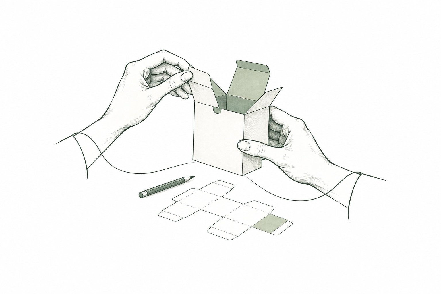 Ilustración de dos manos colaborando para construir una caja de packaging