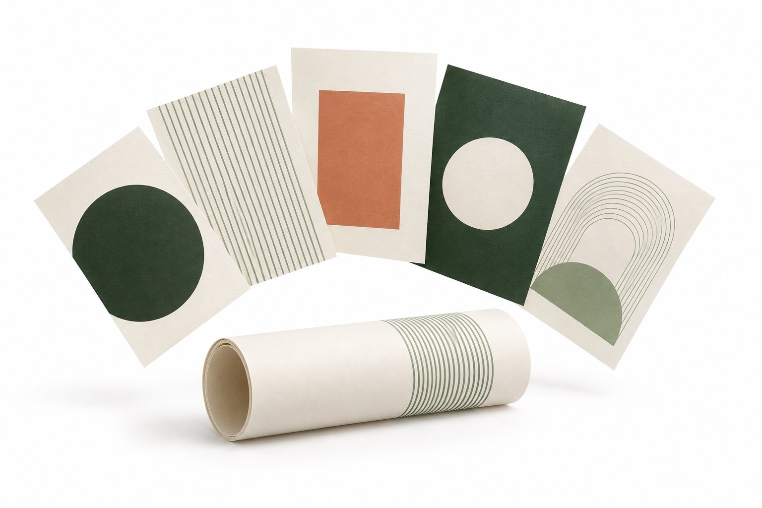 Abanico de papeles impresos con círculos, líneas y masas de color verde y terracota